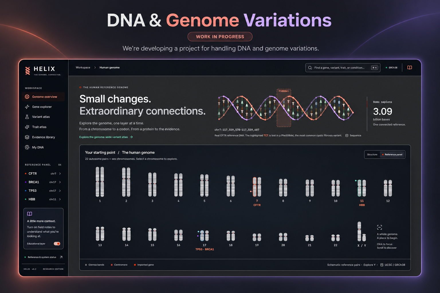 HELIX DNA and genome variations project showcase, marked work in progress, with a DNA helix and chromosome overview.