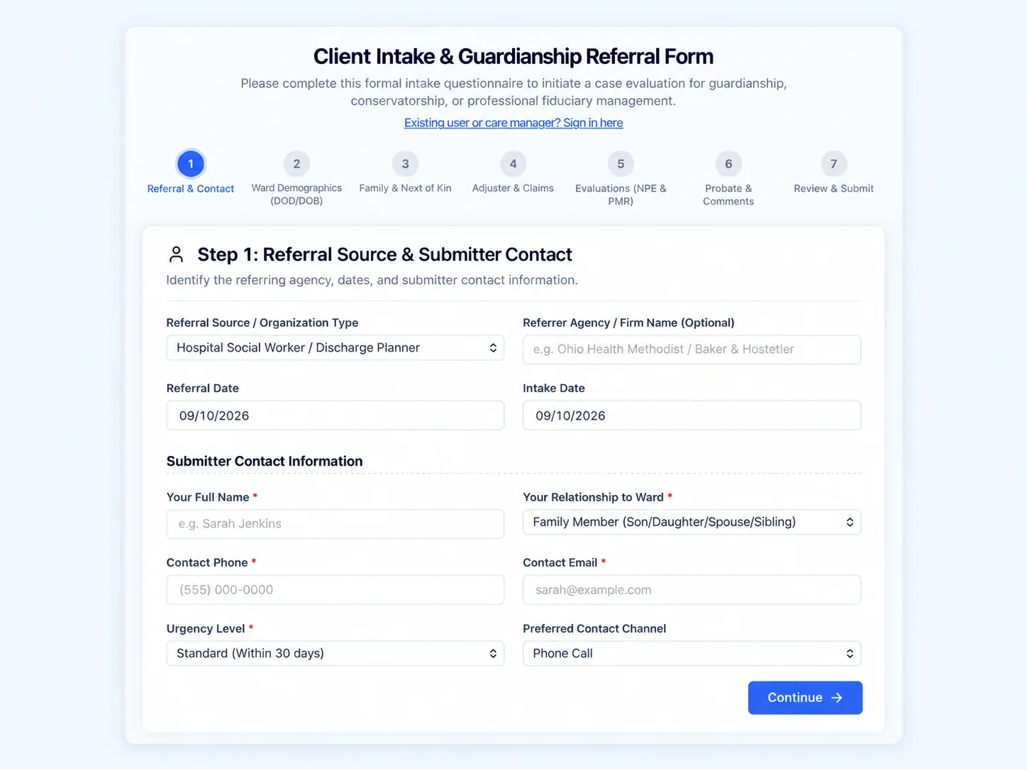 Referral intake product render with referral source, dates, submitter contact information, urgency, and preferred contact channel.