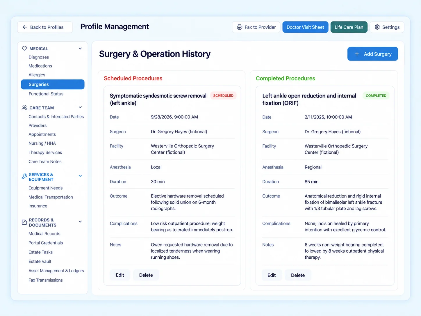 Surgery history product render with scheduled and completed procedures, dates, providers, and recovery notes.