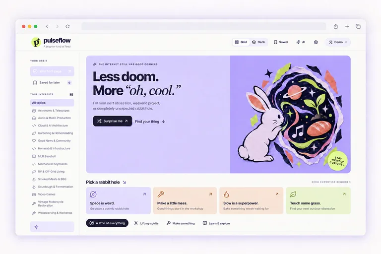 PulseFlow product showcase with its lavender discovery feed, rabbit illustration, and interest cards.