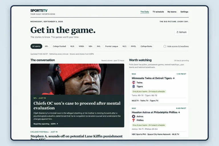 SportsTV interface with upcoming games, news, TV times, and channels.