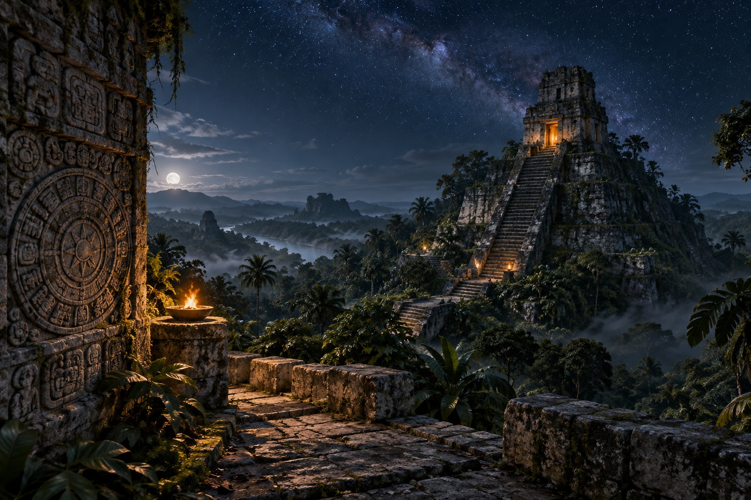 Game environment concept of a Mayan-inspired stone temple beneath a star-filled sky.