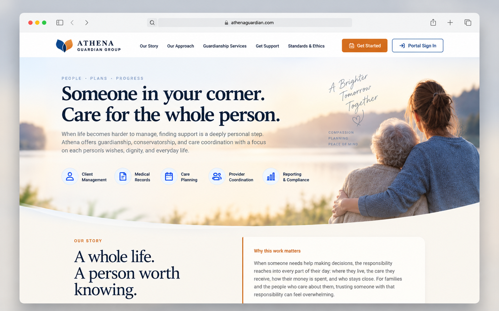 Athena Guardian Group website with care coordination information and an older adult beside a caregiver.