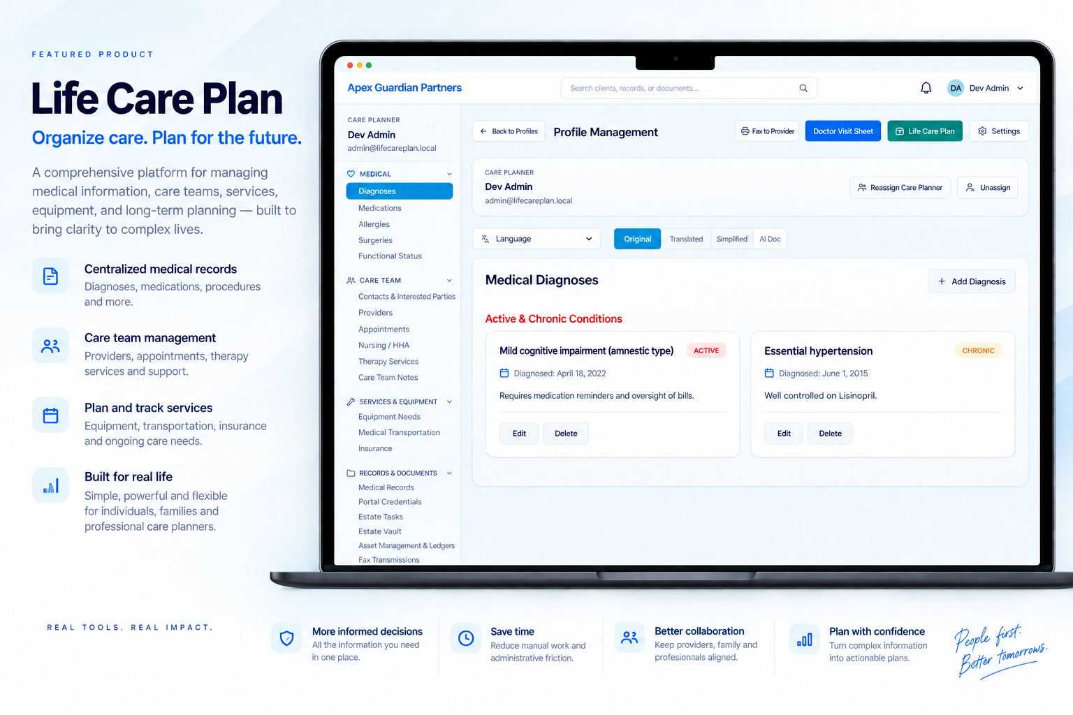 Life Care Plan product showcase with a medical information and care planning workspace.