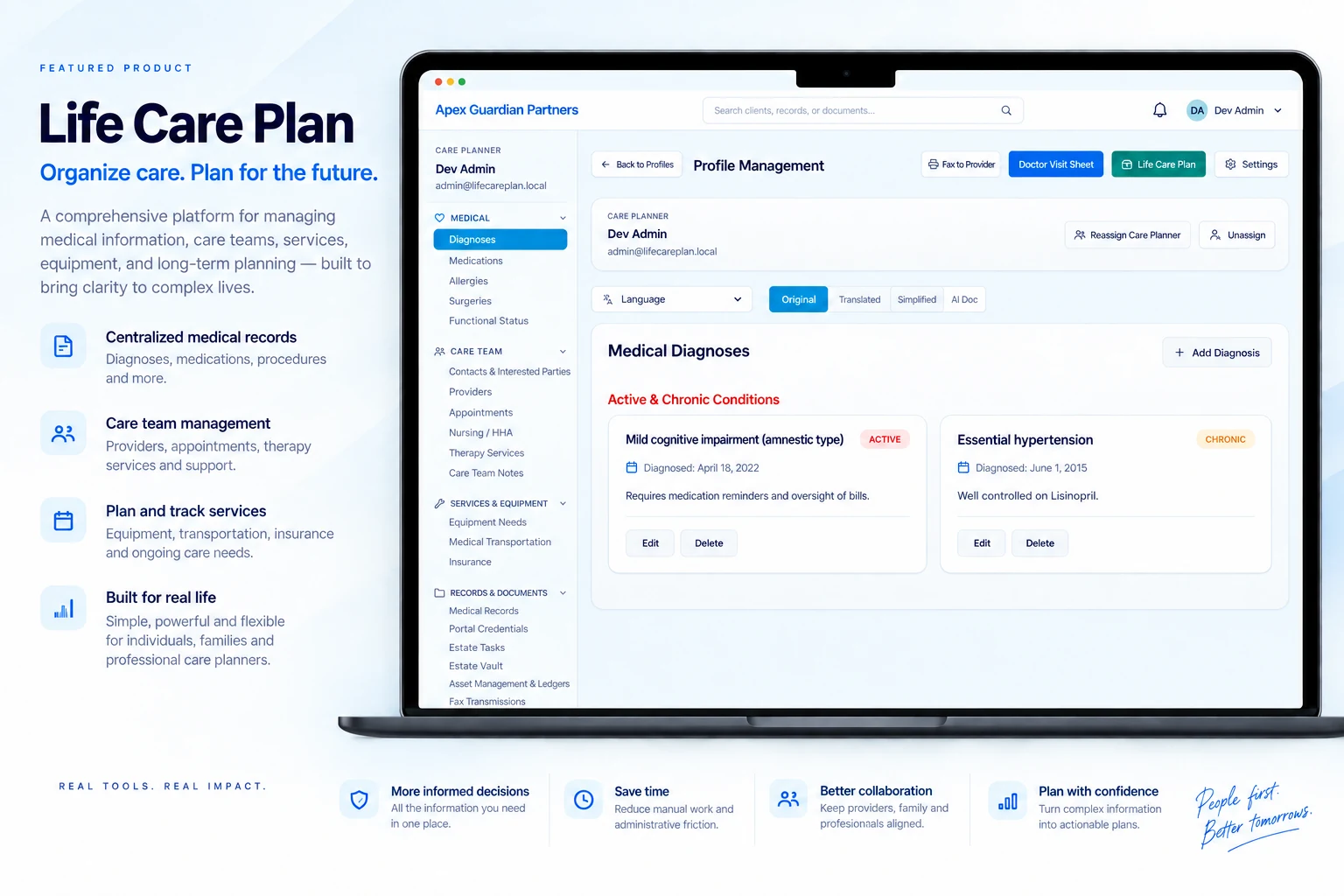 Life Care Plan product render showing profile management, medical diagnoses, and navigation for care teams, equipment, and medical records.