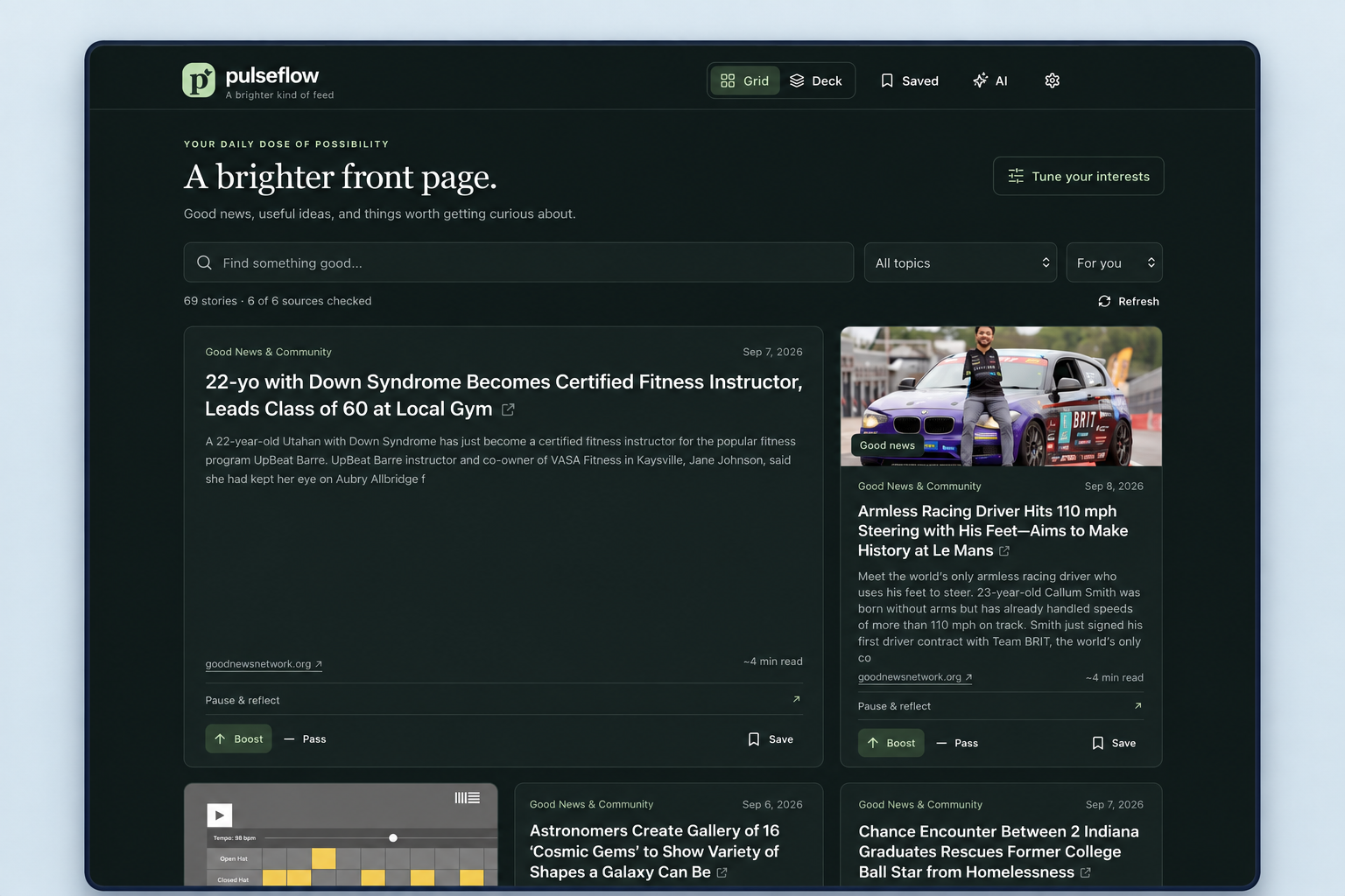PulseFlow positive news interface showing topic filters, search, and constructive news stories.