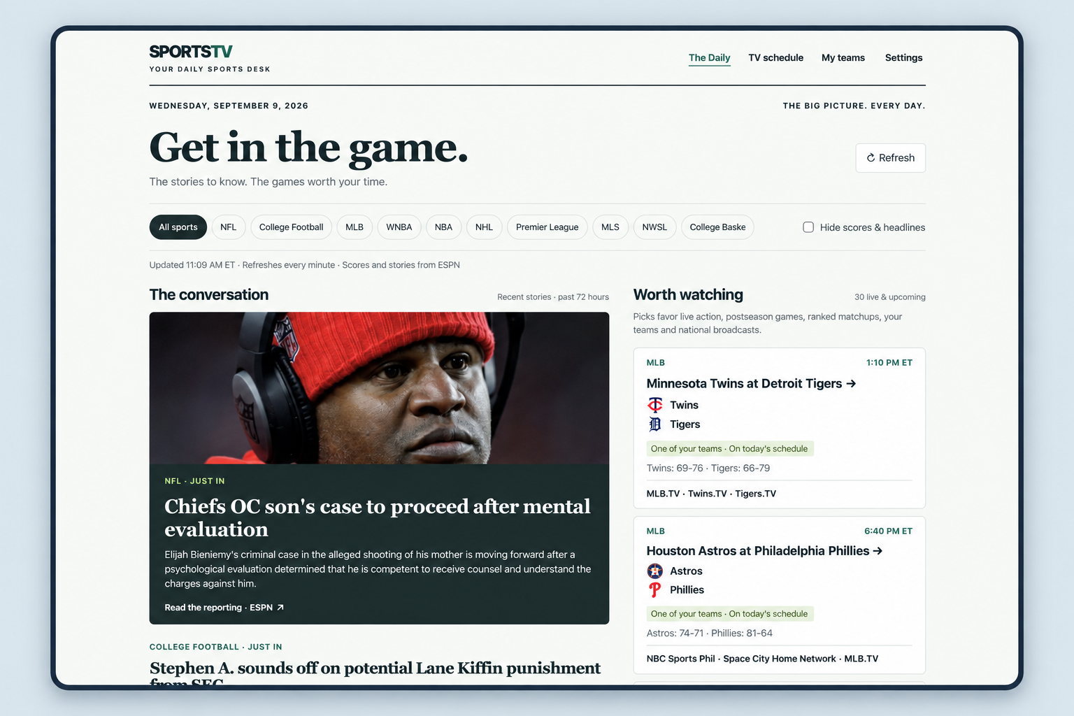 SportsTV interface showing sports news, upcoming games, TV times, and channels.